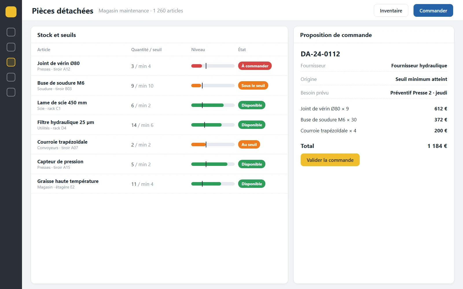 KmMaint : stock de pièces détachées et proposition de commande, données illustratives