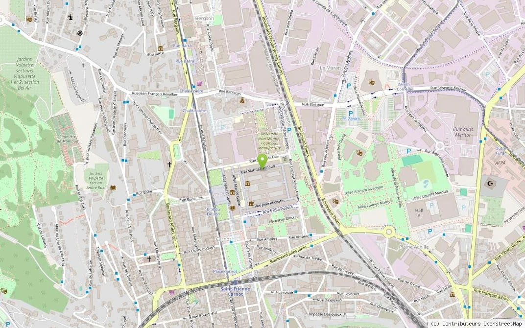 Plan d’accès : Grande Usine Créative, 10 rue Marius Patinaud, Saint-Étienne (fond de carte © contributeurs OpenStreetMap)