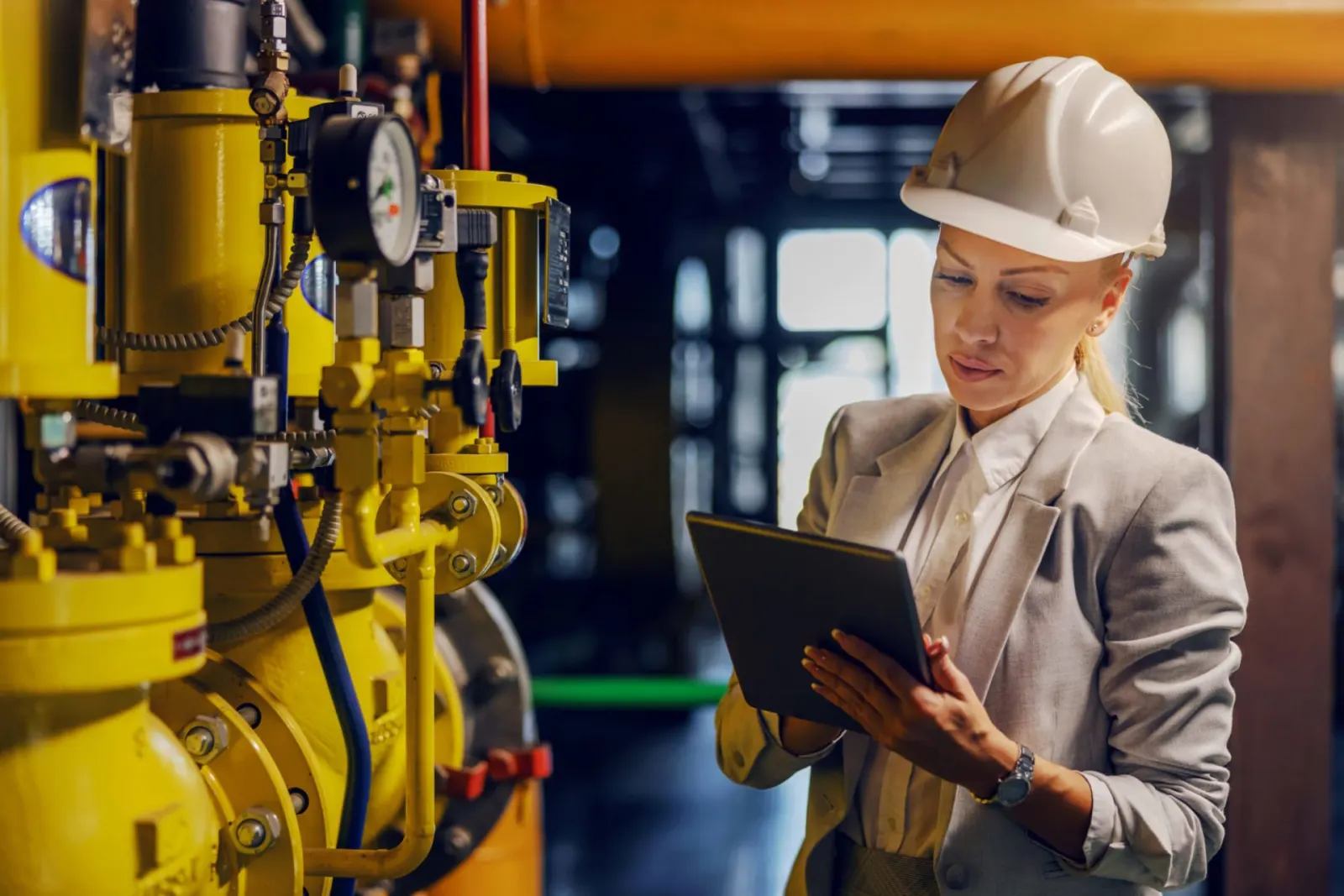 Ingénieure avec une tablette devant des installations industrielles